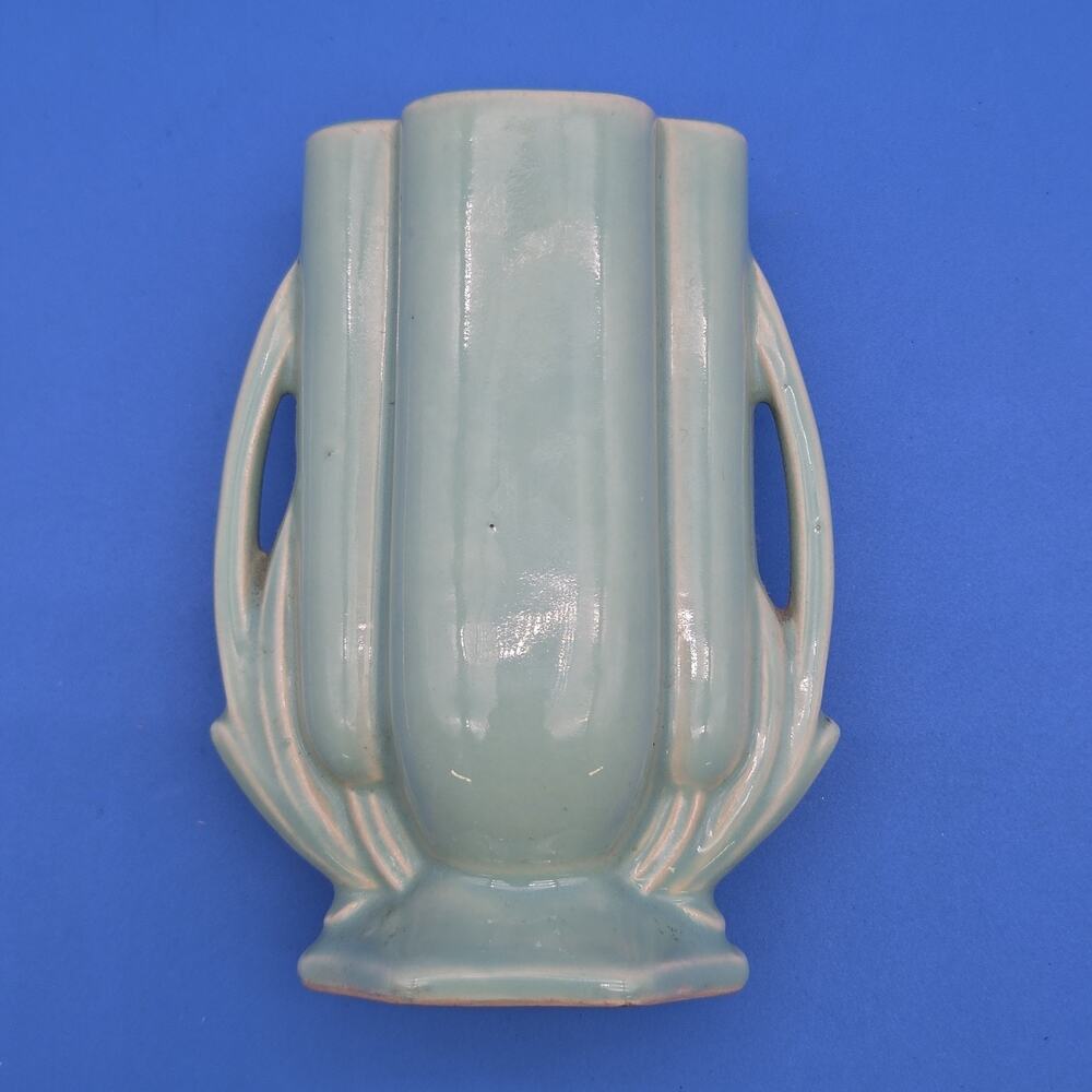 Vintage McCoy USA 105 Teal Art Deco Pottery Vase Double Handle 5.5"